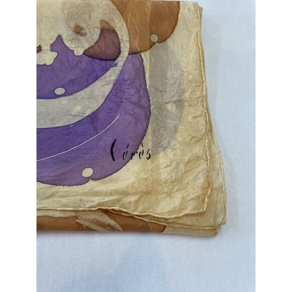 Vintage Silk Scarf Signed Ceres Yellow Brown Purple 32”x35” - Picture 6 of 7
